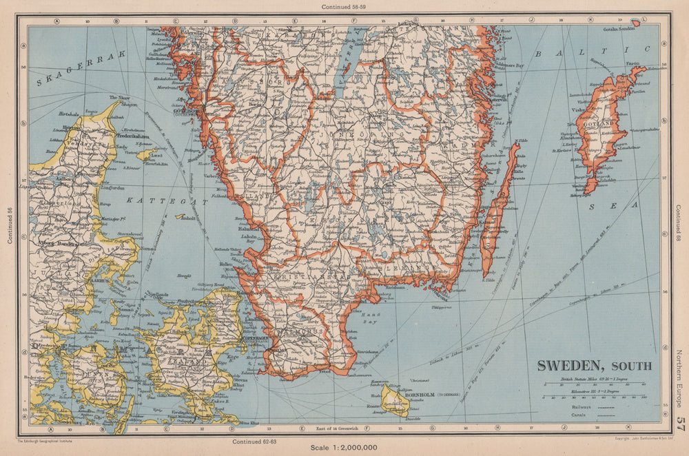 SWEDEN SOUTH. + Denmark East. Railways. BARTHOLOMEW 1944 old vintage map chart