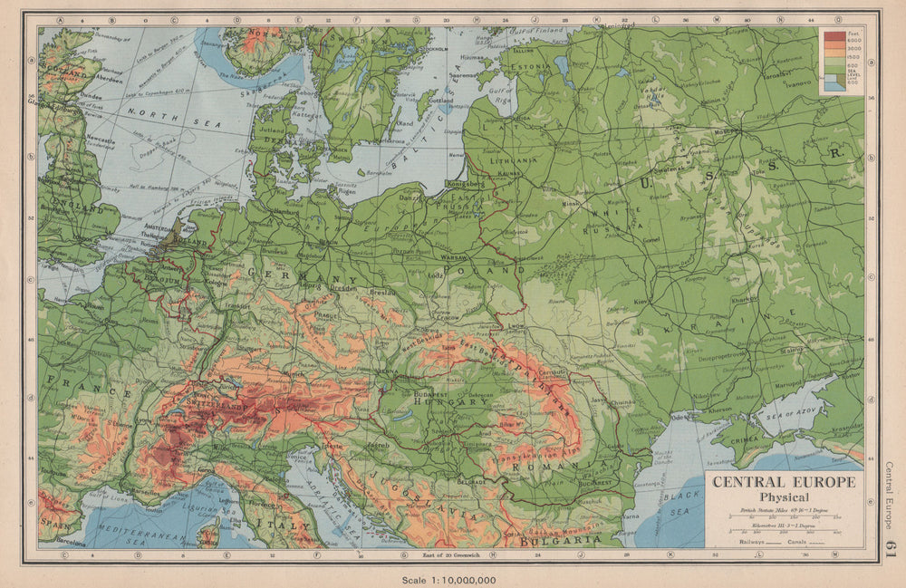 CENTRAL EUROPE Physical. Shows Third Reich & enlarged Hungary 1944 old map