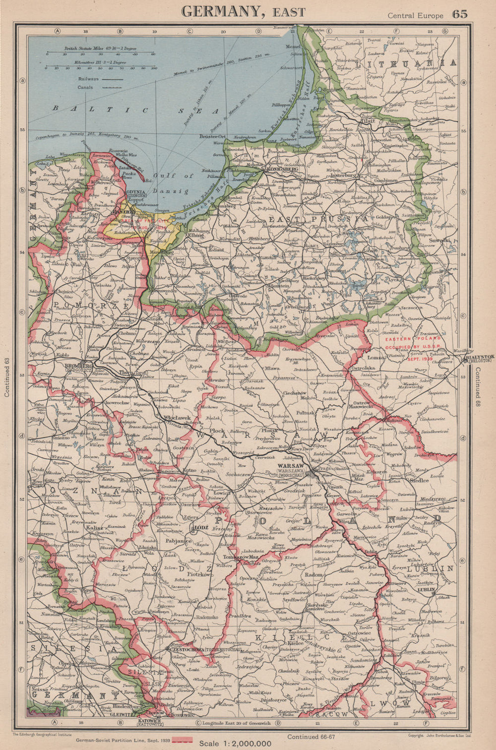 WW2 POLAND showing 1939 Germany-USSR partition line. Danzig free city 1944 map