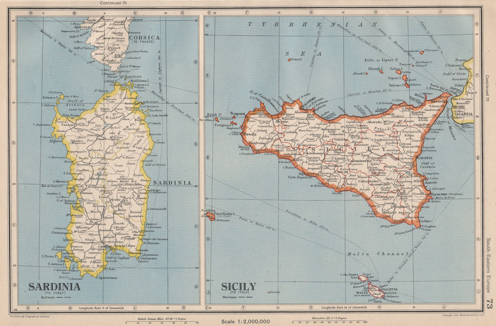 ITALY. Sicily and Sardinia Sardegna. Aeolian islands. BARTHOLOMEW 1944 old map