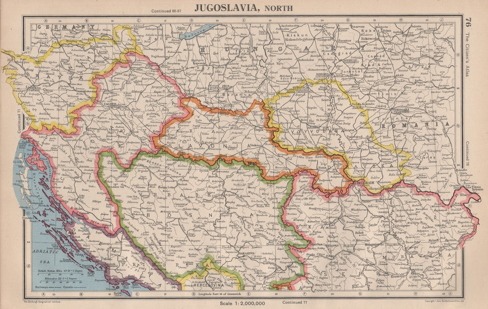 YUGOSOLAVIA NORTH. Jugoslavia. Bosnia Croatia Voyvodina. BARTHOLOMEW 1944 map