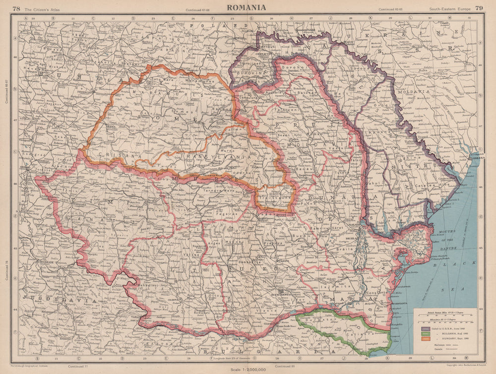 ROMANIA showing land ceded to USSR, Bulgaria & Hungary in 1940 1944 old map