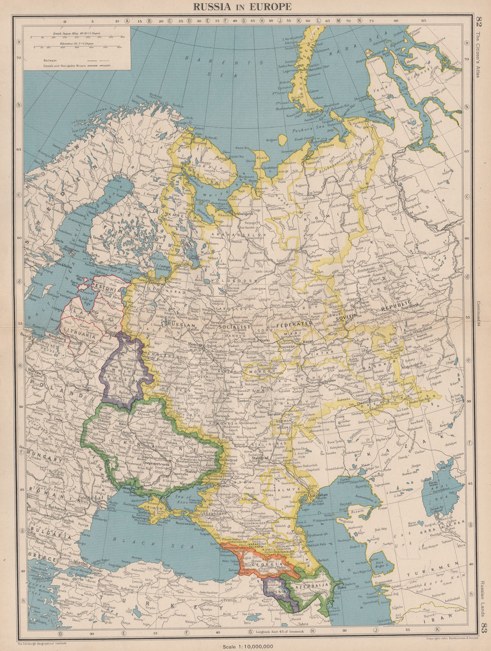 USSR. Russia includes Crimea. Belarus as "White Russia". Caucasus 1944 old map
