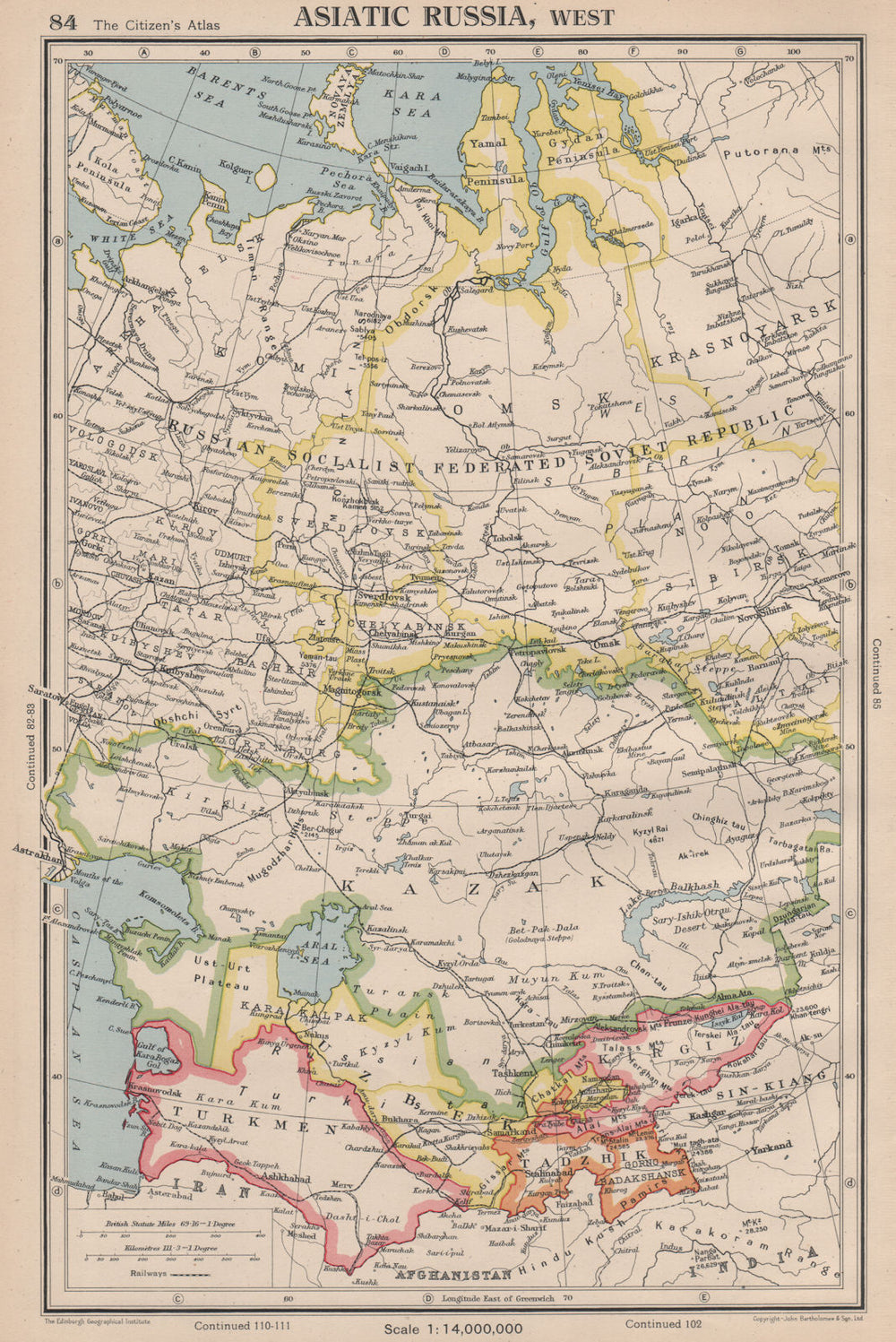 CENTRAL ASIA. Russia Kazak Turkmen Uzbek Kirgiz Tadzhik. BARTHOLOMEW 1944 map