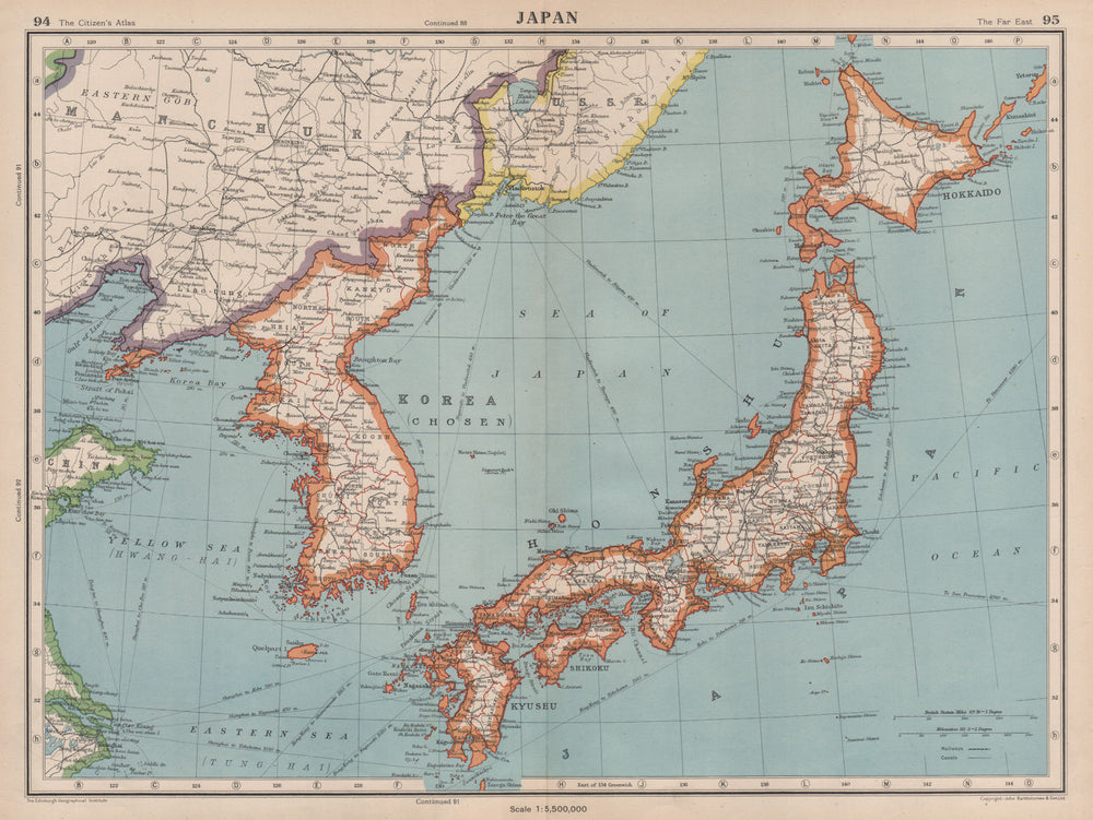 JAPAN & KOREA. Shows Japanese occupied Manchuria. BARTHOLOMEW 1944 old map