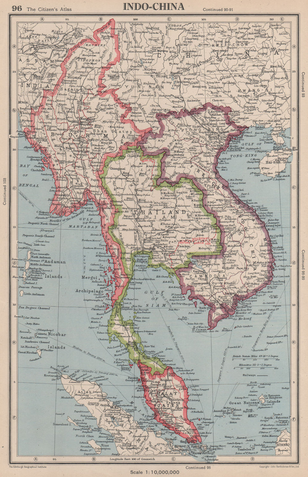 INDOCHINA. Shows border changes from Franco–Thai War (1940-1941) 1944 old map