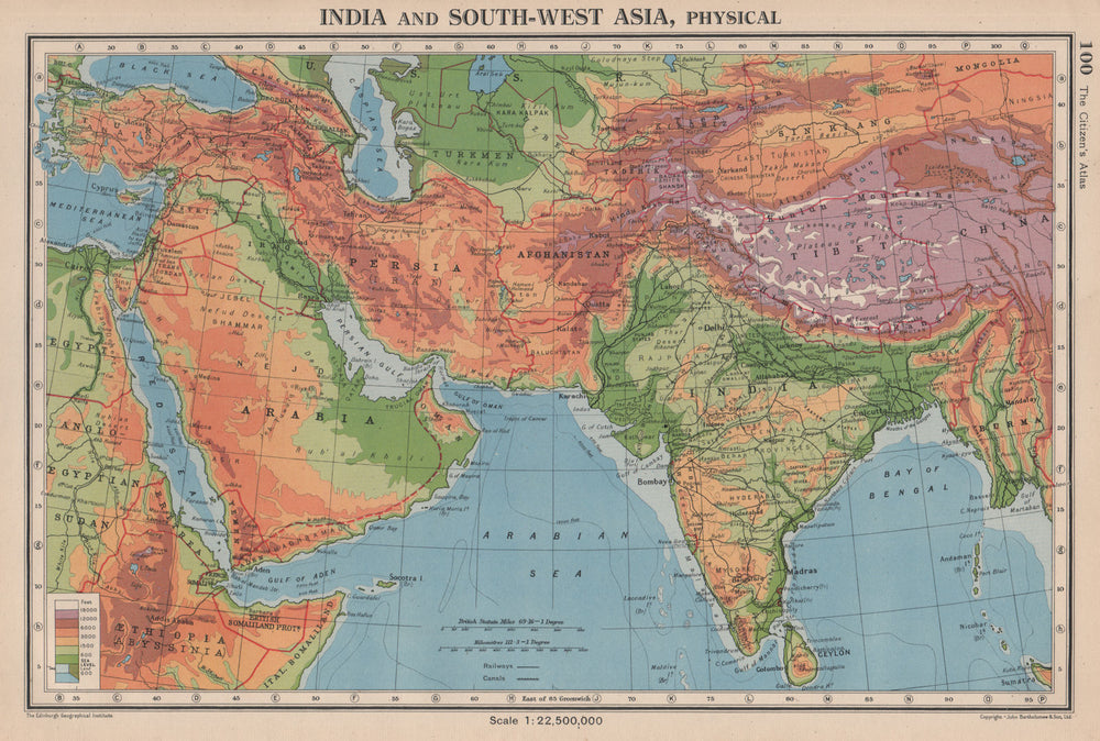 SOUTH & SOUTH WEST ASIA. Physical. Main railways. BARTHOLOMEW 1944 old map