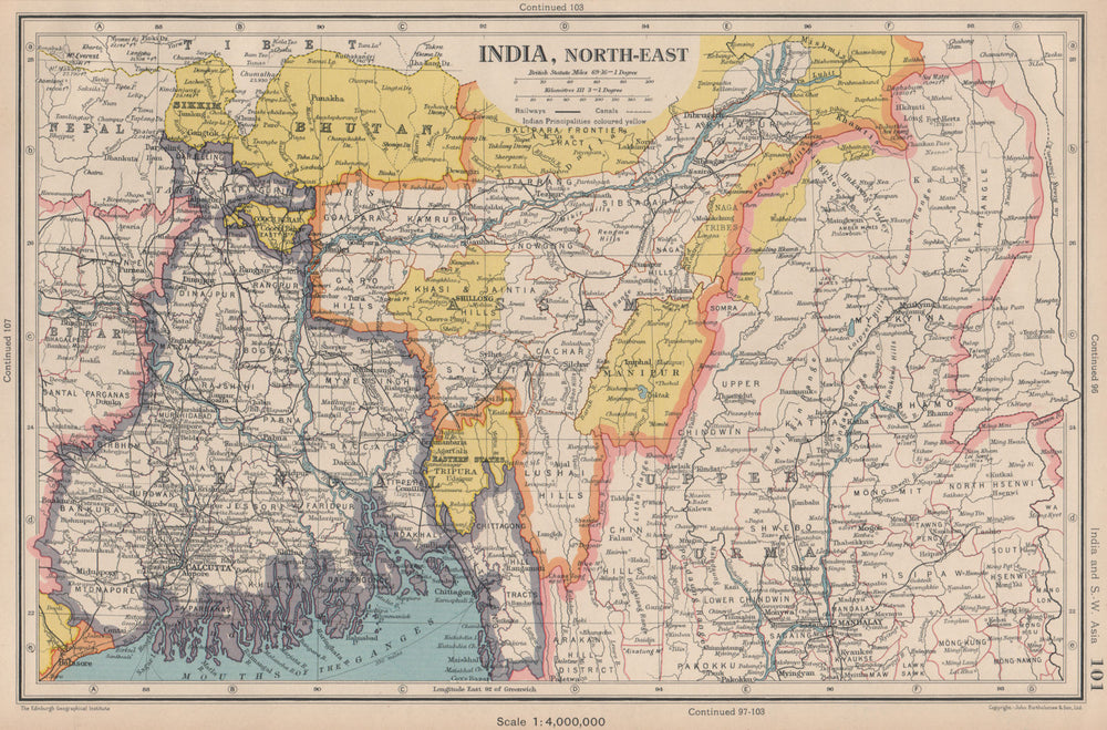 BRITISH INDIA NORTH EAST. Bengal Assam Bhutan Upper Burma. BARTHOLOMEW 1944 map