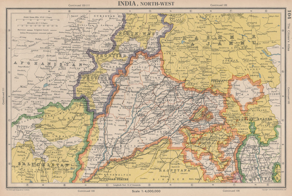 BRITISH INDIA NORTH WEST. NW Frontier Punjab Kashmir. BARTHOLOMEW 1944 old map