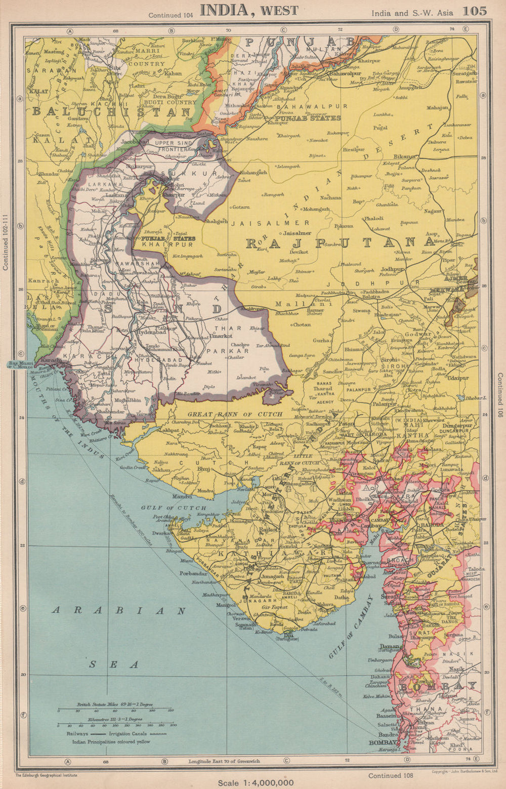 BRITISH INDIA NORTH WEST. Sind Rajputana Gujarat. BARTHOLOMEW 1944 old map