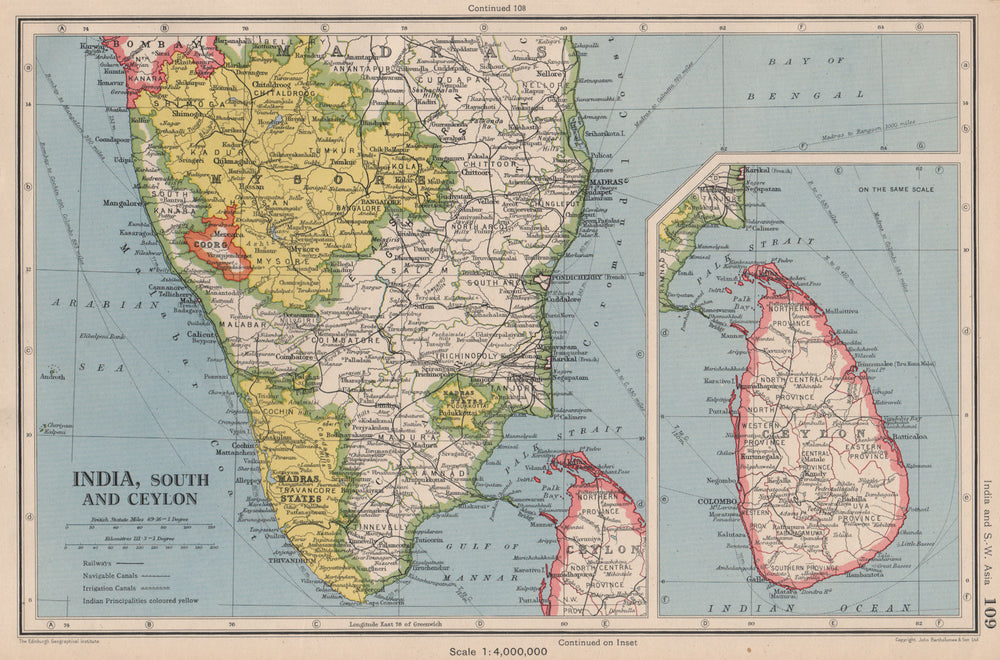 INDIA SOUTH & CEYLON (SRI LANKA) . Mysore Madras (Chennai) Kochi 1944 old map