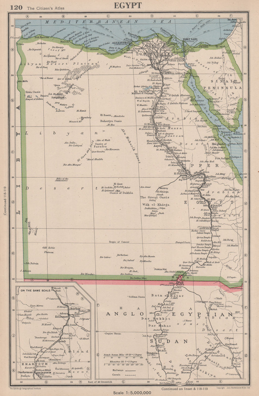 EGYPT. & Nile Valley. BARTHOLOMEW 1944 old vintage map plan chart