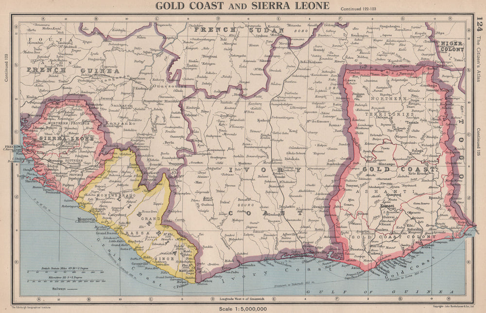 WEST AFRICA. Gold Coast (Ghana) Sierra Leone Liberia Ivory Coast 1944 map