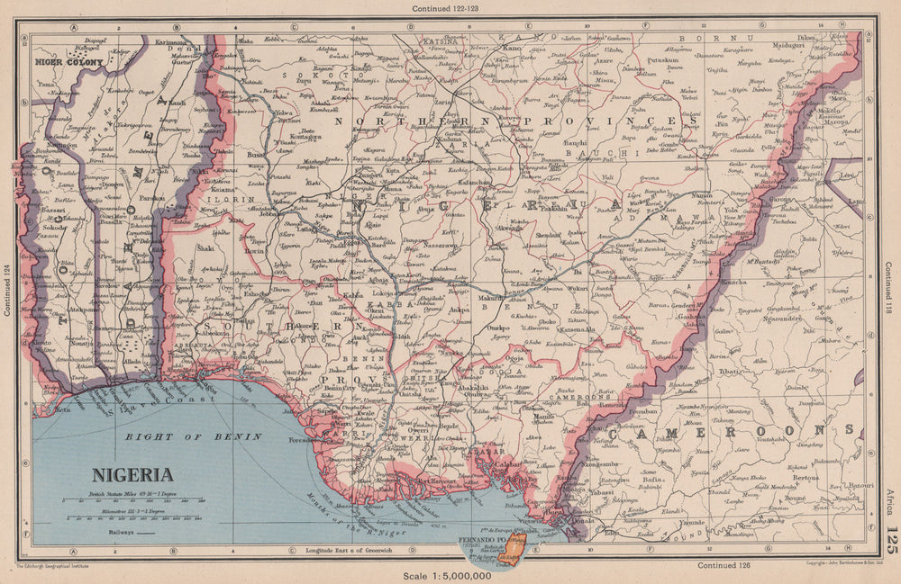 NIGERIA. Dahomey (Benin) Fernando Po/Bioko. BARTHOLOMEW 1944 old vintage map