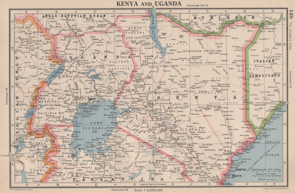 EAST AFRICA. Kenya and Uganda. Lake Victoria. BARTHOLOMEW 1944 old vintage map