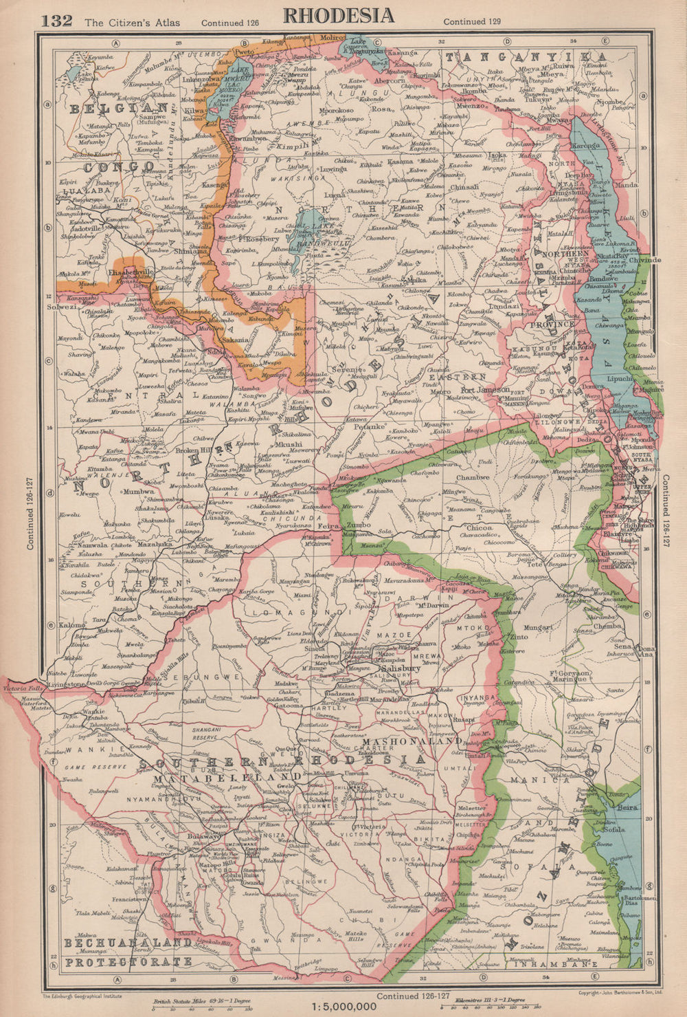 RHODESIA. Southern/Northern Rhodesia. Zimbabwe. Zambia. BARTHOLOMEW 1944 map