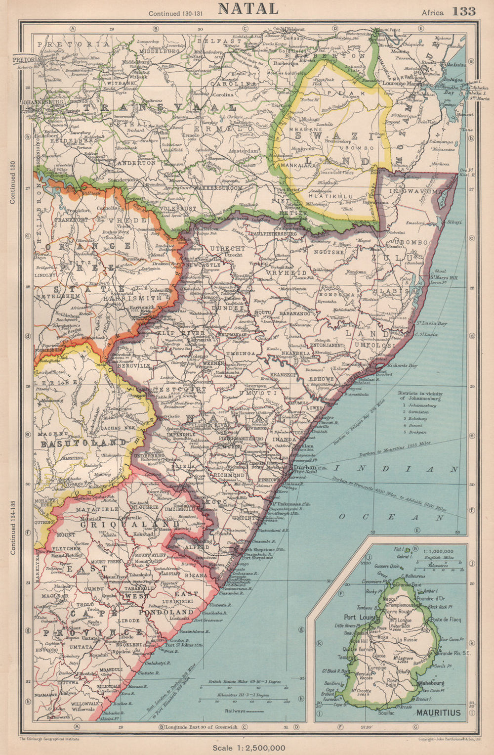 NATAL & SWAZILAND. inset Mauritius. South Africa. BARTHOLOMEW 1944 old map