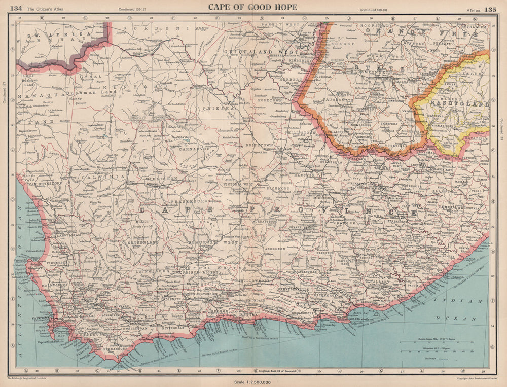 CAPE OF GOOD HOPE. Cape Province. South Africa. BARTHOLOMEW 1944 old map