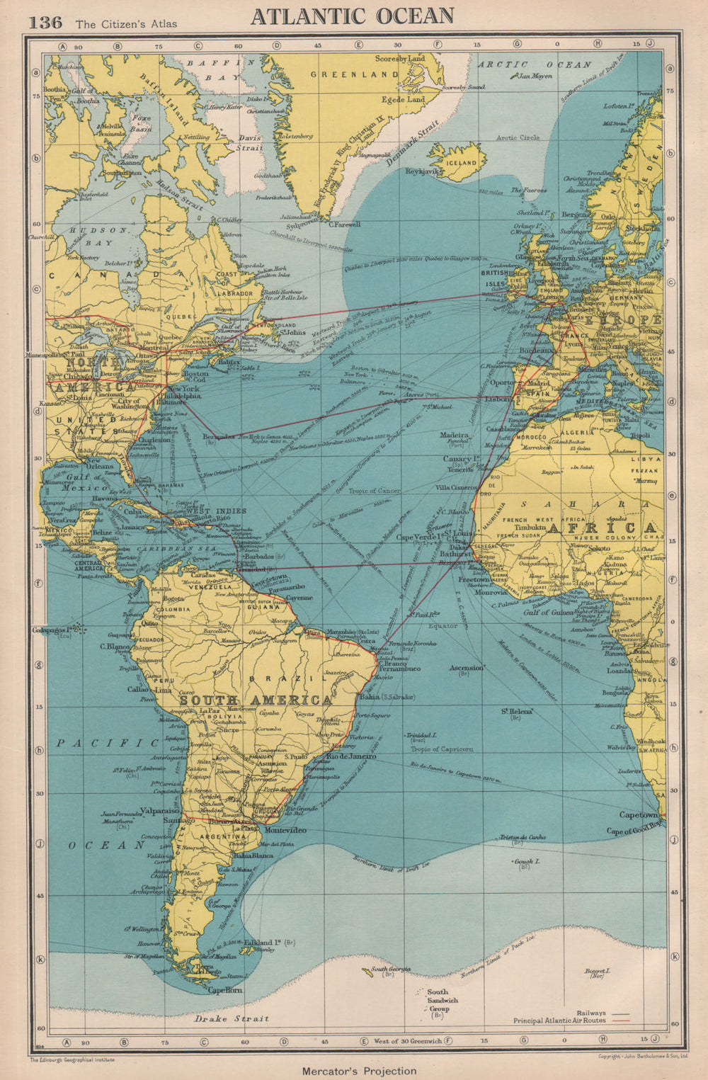 ATLANTIC OCEAN. Shows main air & shipping routes, drift/pack ice limits 1944 map