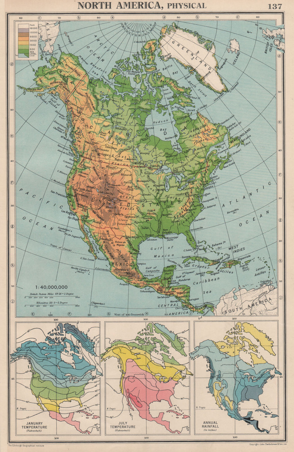 NORTH AMERICA PHYSICAL & CLIMATE. Temperature. Rainfall. BARTHOLOMEW 1944 map