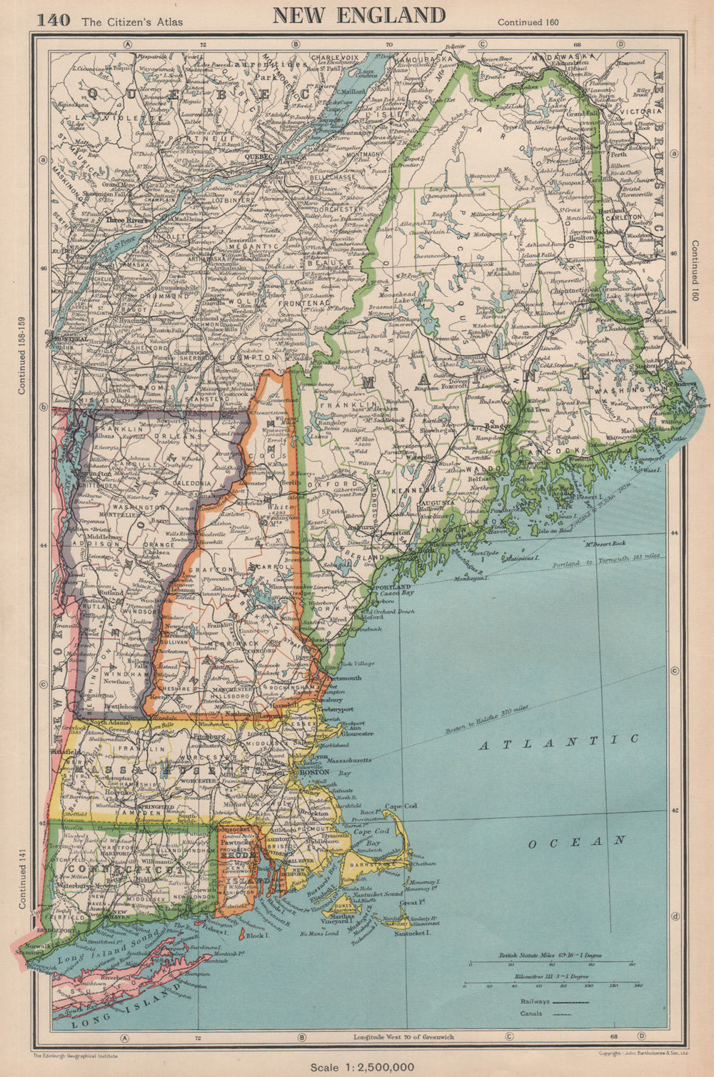 NEW ENGLAND. Connecticut Massachusetts Vermont NH Maine RI. BARTHOLOMEW 1944 map