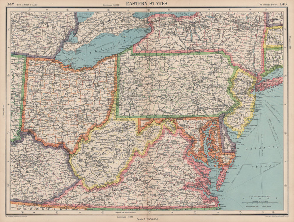USA EASTERN STATES WV Virginia Pennsylvania MD Delaware New Jersey Ohio 1944 map