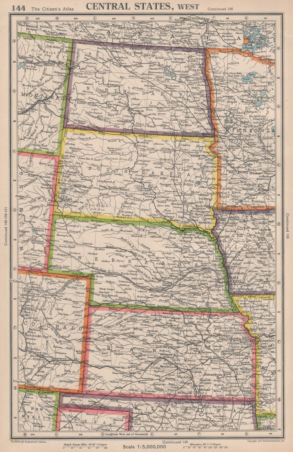 USA PLAINS STATES. North & South Dakota Nebraska Kansas. BARTHOLOMEW 1944 map