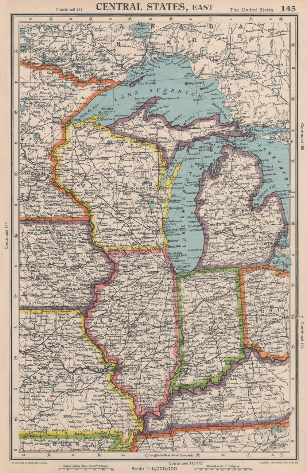 MIDWEST USA. WI Michigan Illinois Indiana. Great Lakes. BARTHOLOMEW 1944 map