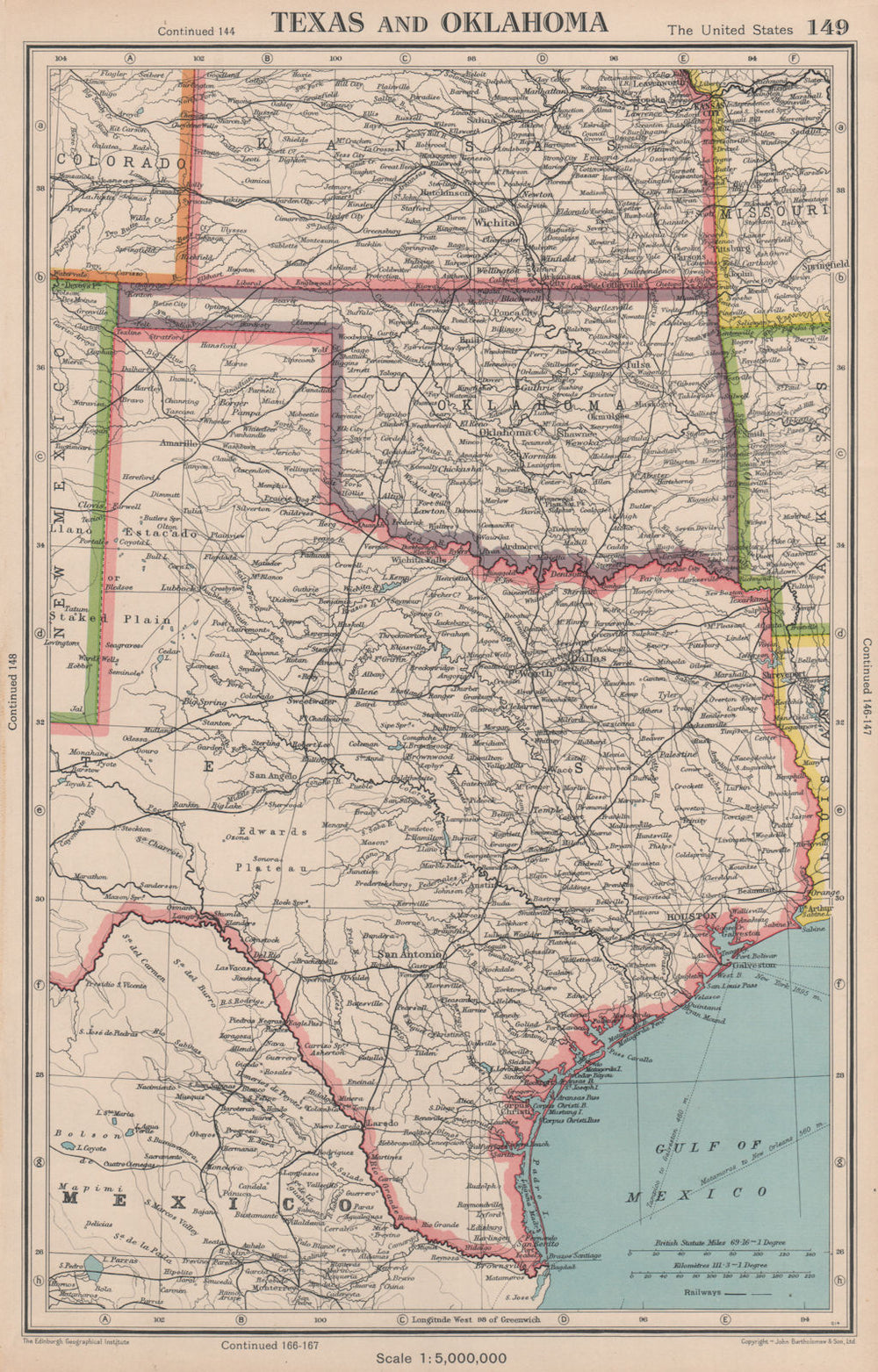 TEXAS AND OKLAHOMA. USA state map. BARTHOLOMEW 1944 old vintage plan chart