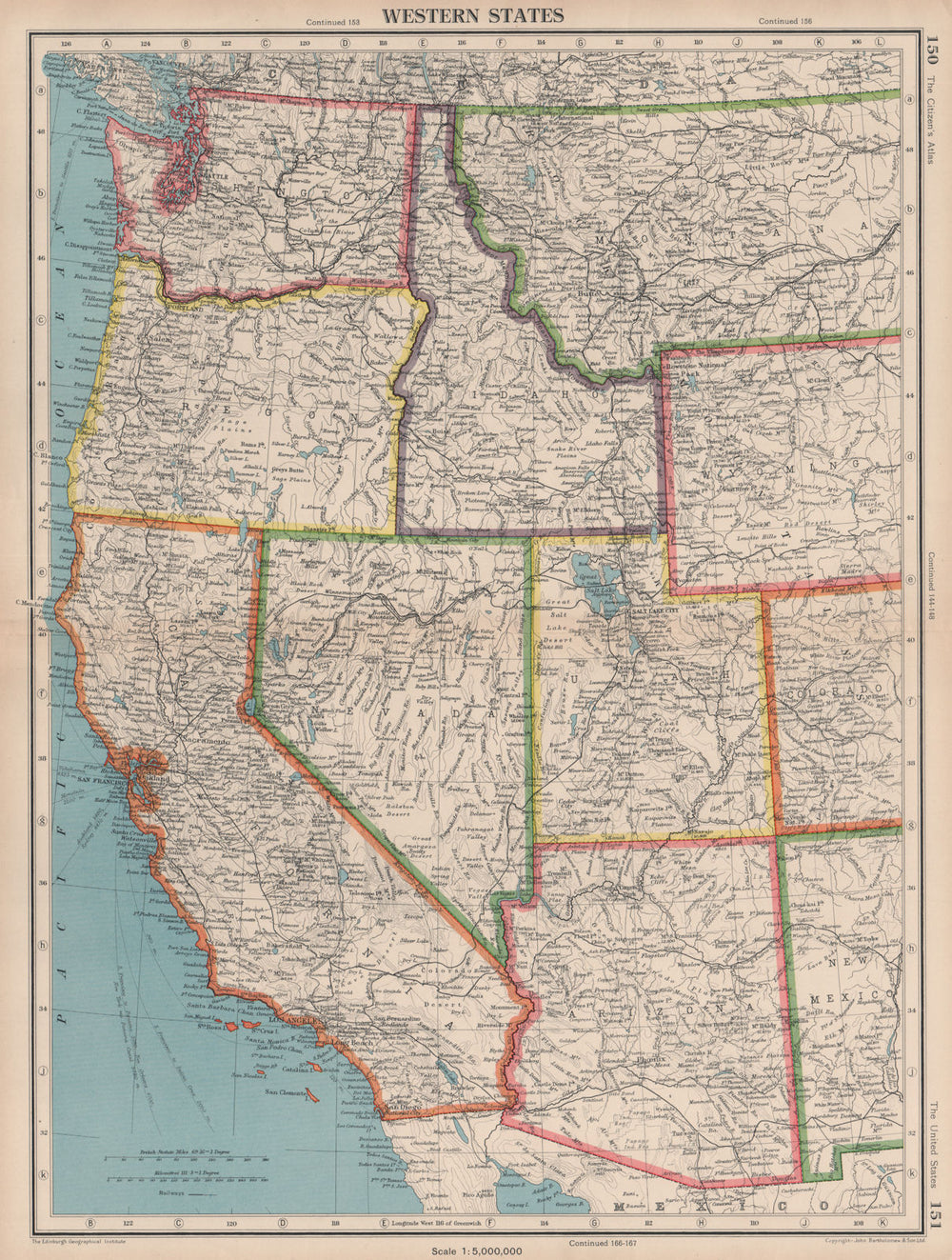 USA WESTERN STATES. California Washington WA ID NV AZ UT. BARTHOLOMEW 1944 map