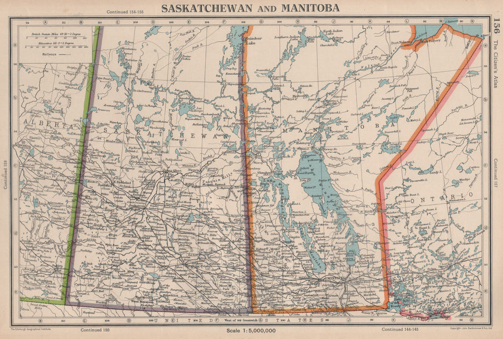 SASKATCHEWAN & MANITOBA. provinces. Canada. Railways. BARTHOLOMEW 1944 old map