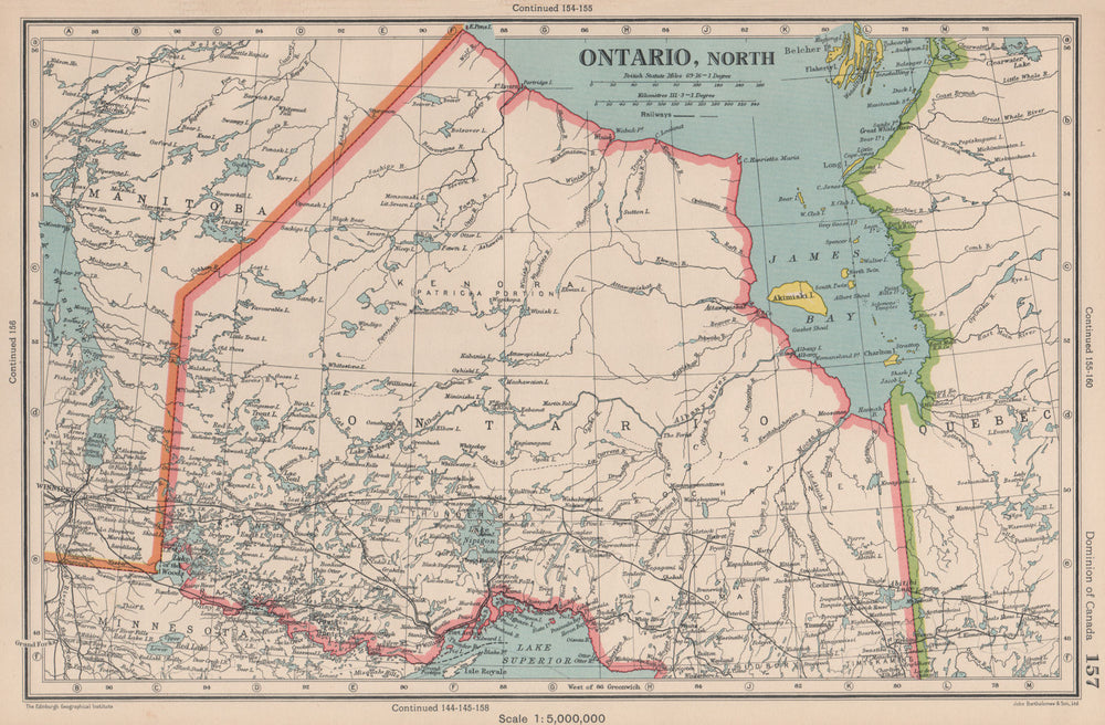 ONTARIO NORTH. Railways. James Bay. Canada. BARTHOLOMEW 1944 old vintage map