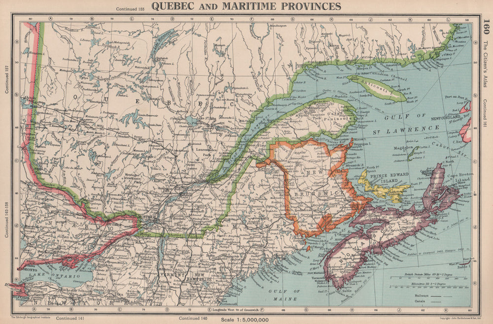 QUEBEC & MARITIME PROVINCES. NS Prince Edward Island NB. BARTHOLOMEW 1944 map
