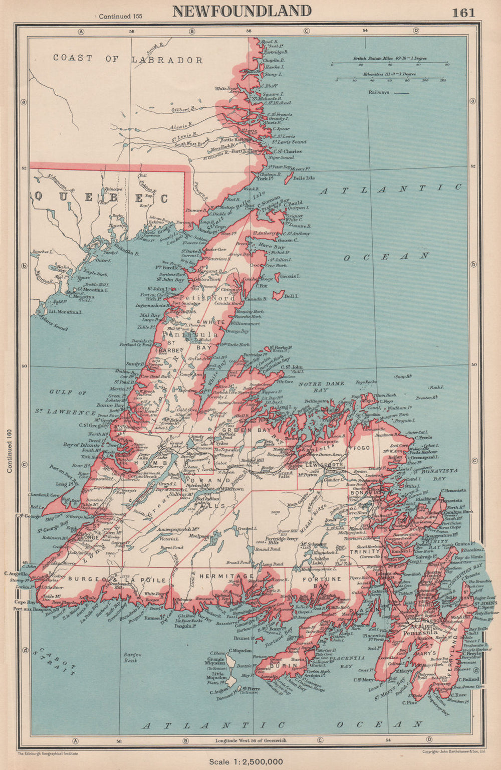 NEWFOUNDLAND showing divisions. St Pierre Miquelon. Canada. BARTHOLOMEW 1944 map