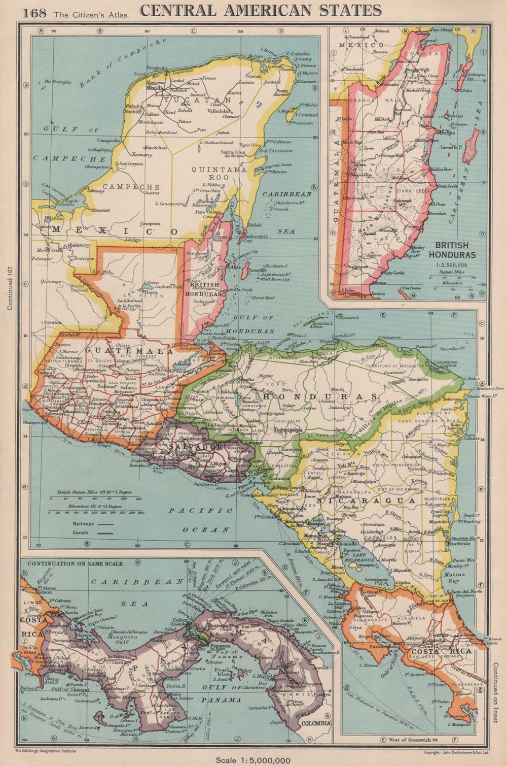CENTRAL AMERICA. Panama Guatemala Nicaragua Costa Rica British Honduras 1944 map