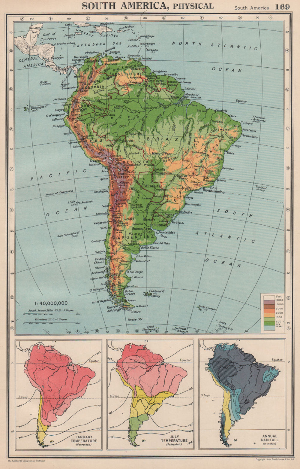 SOUTH AMERICA. Physical Temperature & Rainfall. BARTHOLOMEW 1944 old map