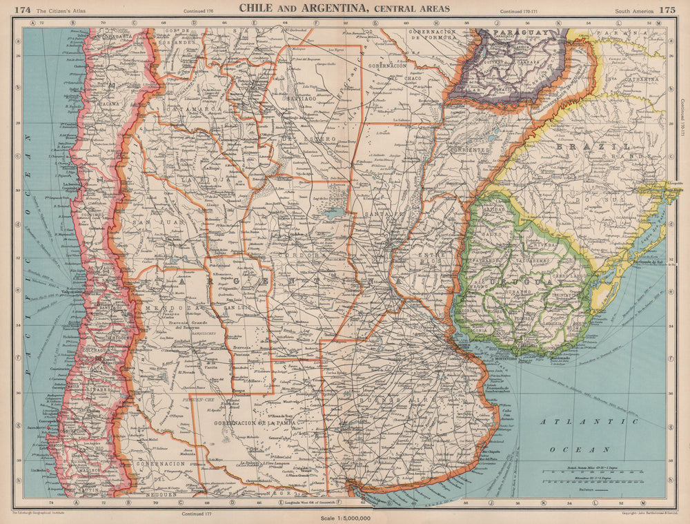 CENTRAL CHILE AND ARGENTINA. Showing provinces. Uruguay. BARTHOLOMEW 1944 map