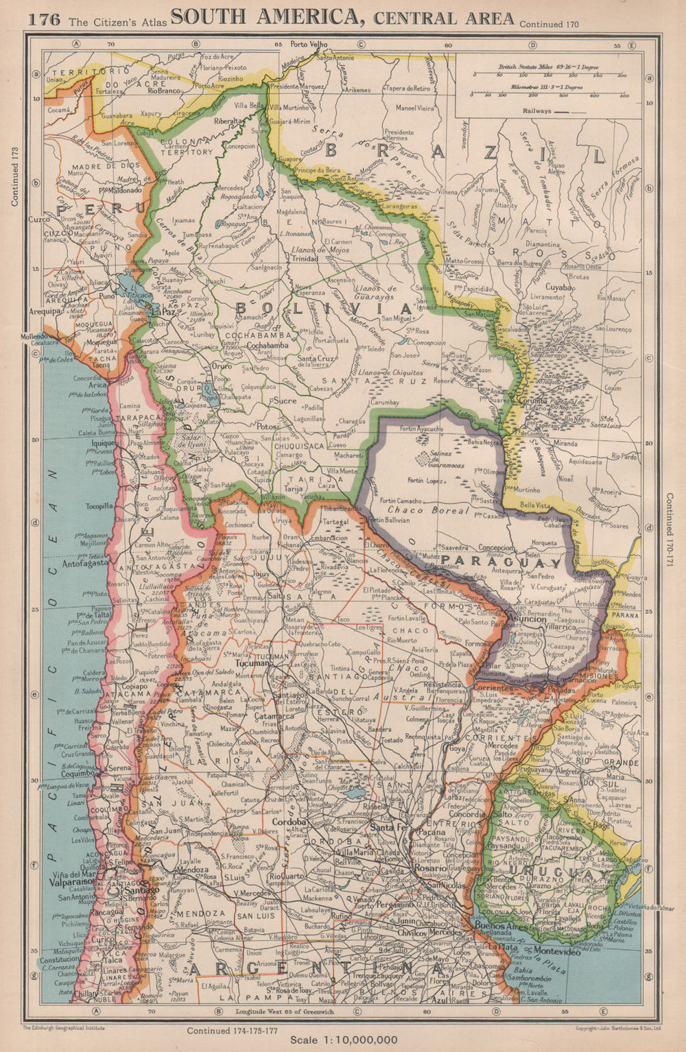 SOUTH AMERICA. Bolivia Paraguay Uruguay Northern Chile & Argentina 1944 map