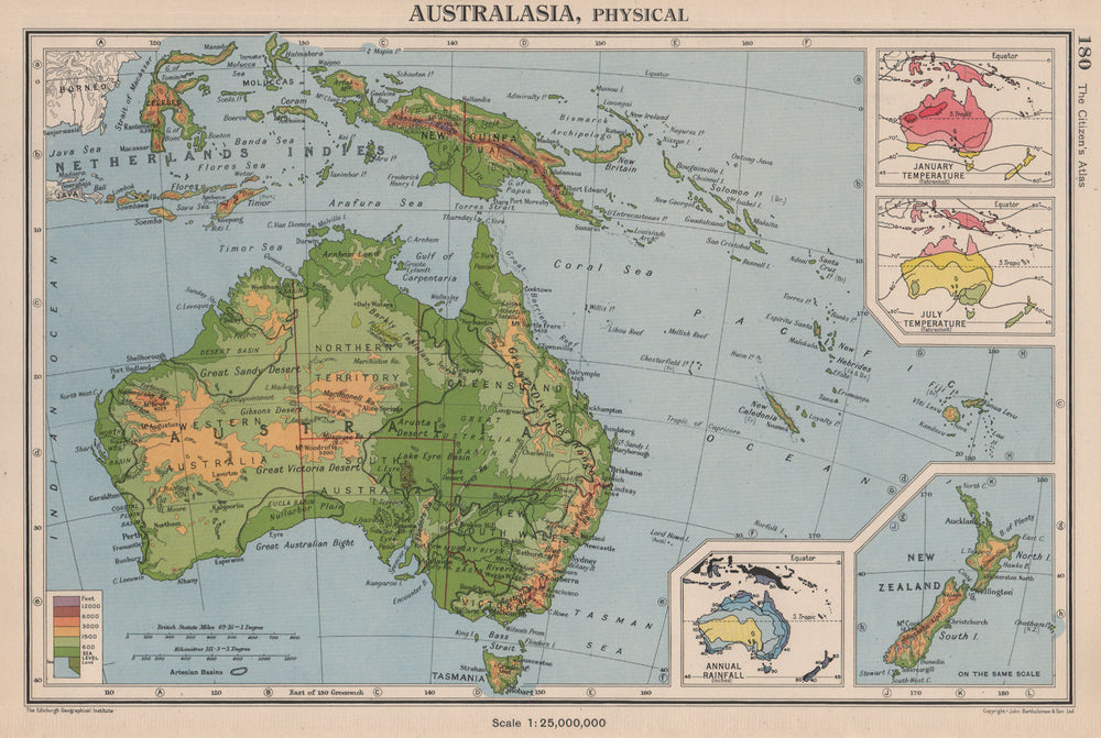 AUSTRALASIA. January & July temperature; Annual rainfall. BARTHOLOMEW 1944 map