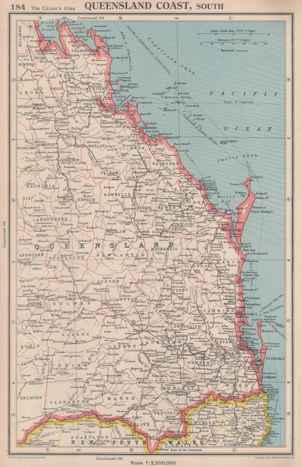 QUEENSLAND COAST, SOUTH. showing counties. BARTHOLOMEW 1944 old vintage map