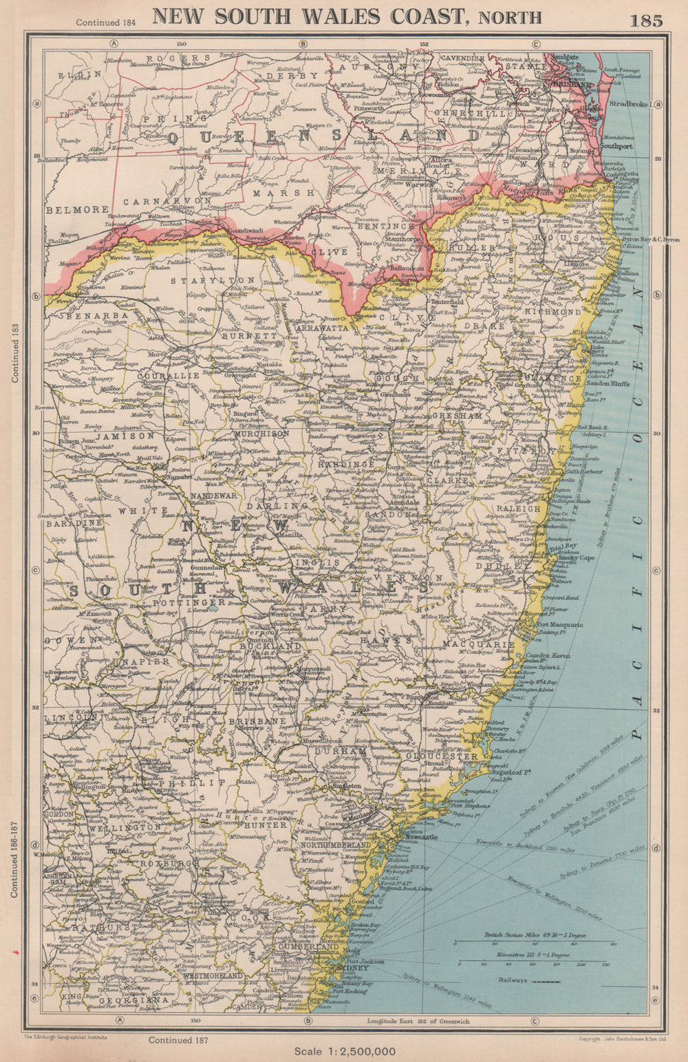 NEW SOUTH WALES COAST, NORTH. showing counties. BARTHOLOMEW 1944 old map