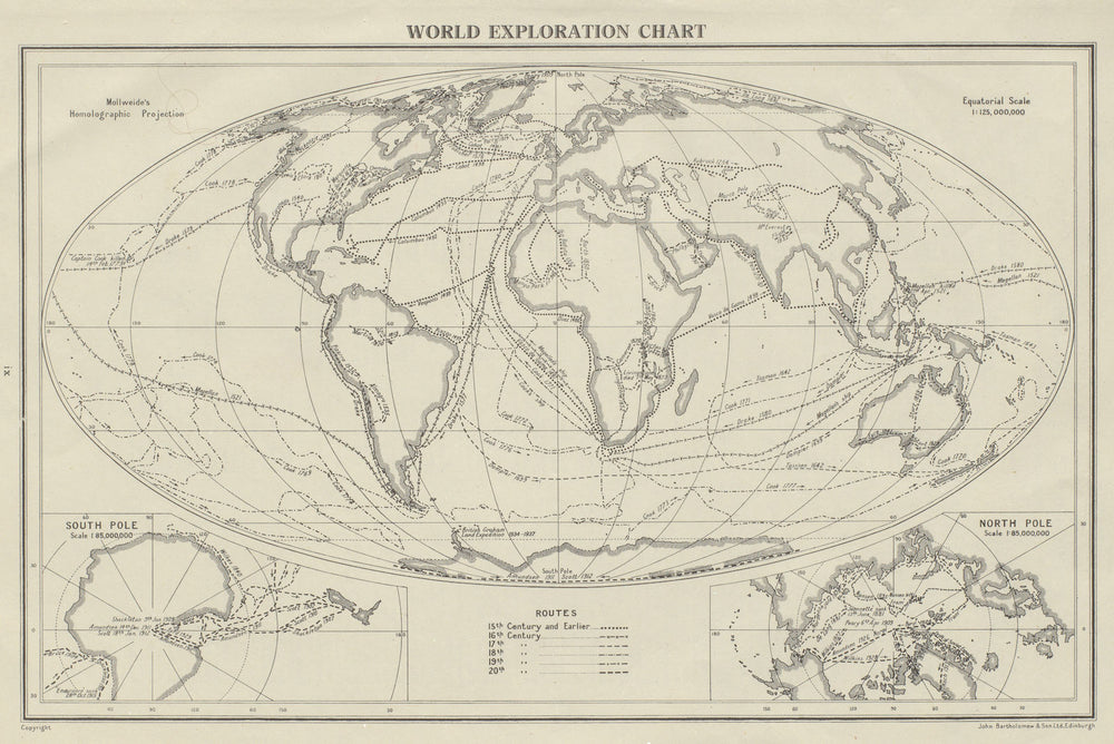 WORLD EXPLORATION. Explorers routes dates centuries. BARTHOLOMEW 1947 ...