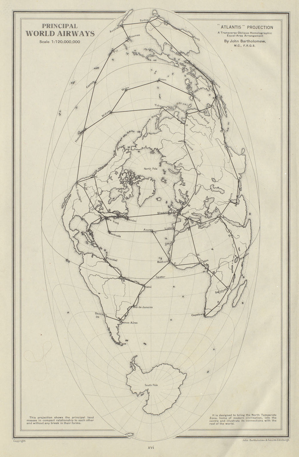 PRINCIPAL WORLD AIR ROUTES. Atlantis projection. Airways. BARTHOLOMEW 1947 map
