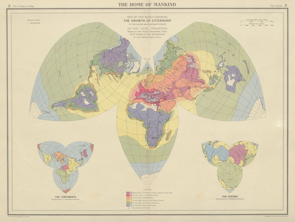 Spread of civilisation from antiquity to 1940. World on Kite Projection 1947 map