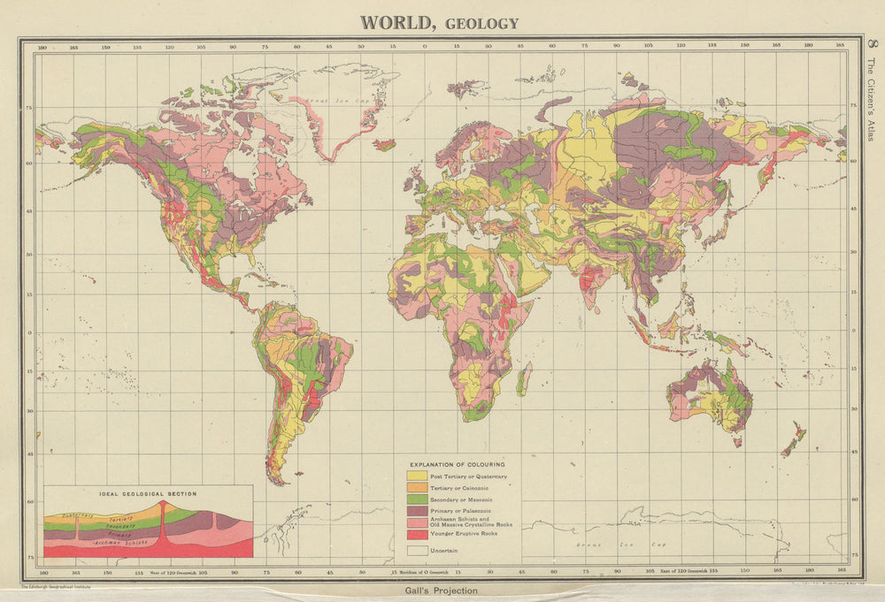 WORLD GEOLOGICAL. Geology. Primary Secondary Tertiary. BARTHOLOMEW 1947 map