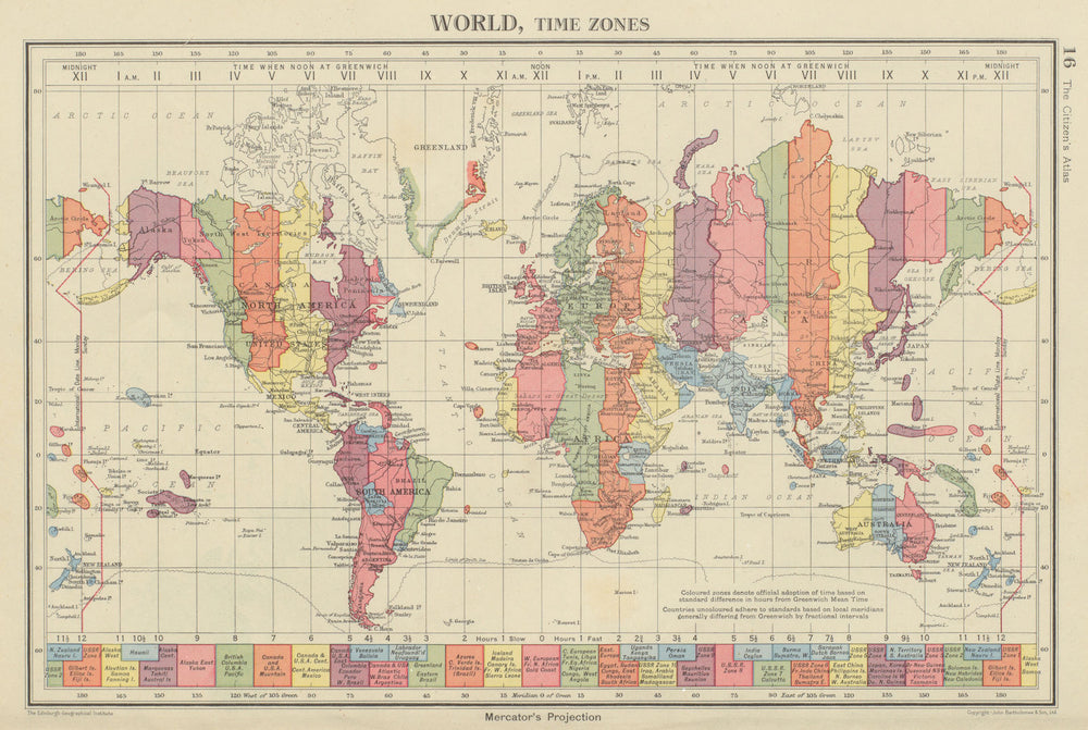 WORLD. Time Zones. UK Ireland Spain & France on same zone. BARTHOLOMEW 1947 map