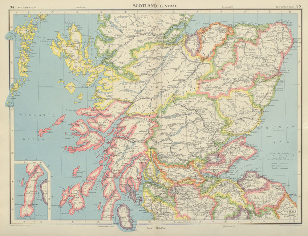 CENTRAL SCOTLAND. Showing counties. BARTHOLOMEW 1947 old vintage map chart