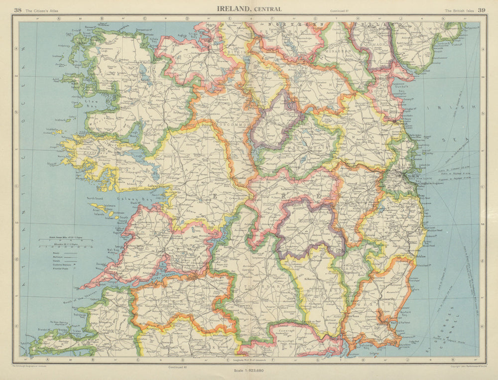 IRELAND CENTRAL. Connaught & Leinster. Eire. BARTHOLOMEW 1947 old vintage map