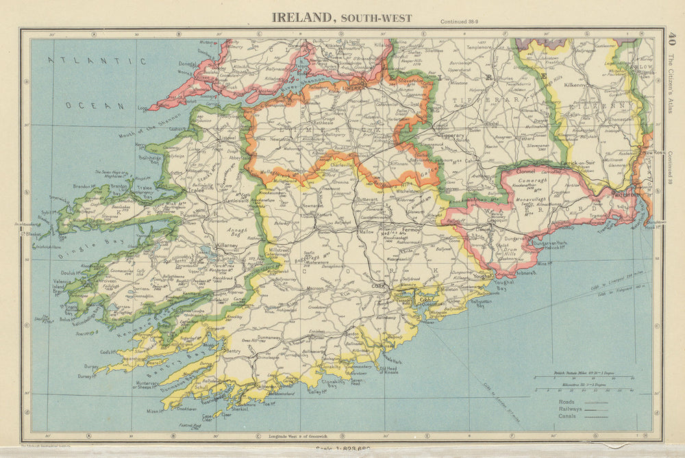 IRELAND SOUTH-WEST. Munster. Kerry Cork Limerick Tipperary Waterford 1947 map