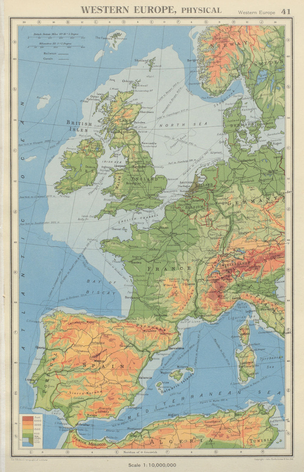 WESTERN EUROPE. Physical & main railways. BARTHOLOMEW 1947 old vintage map